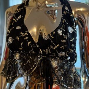 Black Floral Embroidered Halter Top